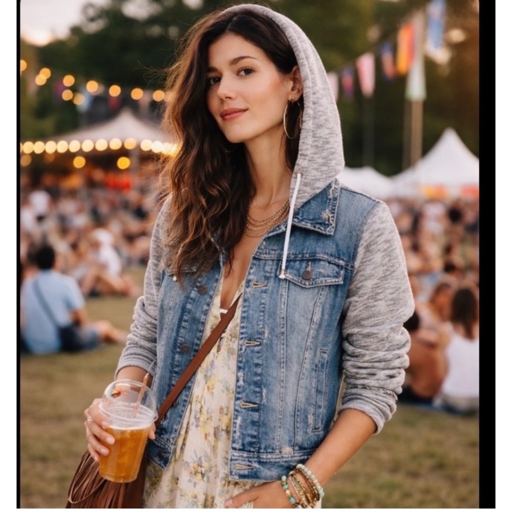 Free People Mixed Media Denim Jacket Grey Knit Hooded Sleeves Distressed Small